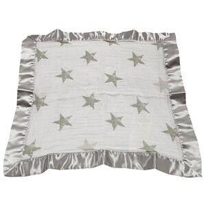 Aden & Anais White Muslin Gray Star Silver Satin Security Blanket/Lovey Issie